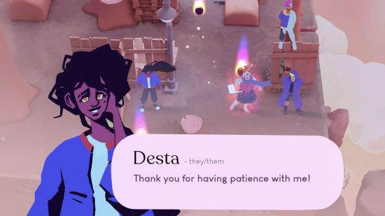 Desta dialogue screenshot for Desta review with the titular character thanking their peers for sticking around