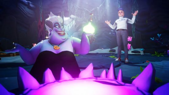 Disney Dreamlight Valley characters - Ursula brewing a potion in a cave with the player character