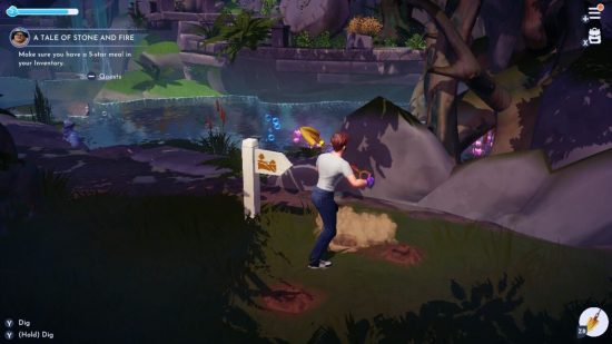 A character digging for Disney Dreamlight Valley clay in a forest in front of a river