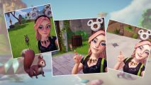 Three selfies of a player with different Disney Dreamlight Valley critters and a little squirrel in the forground