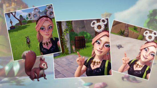 Three selfies of a player with different Disney Dreamlight Valley critters and a little squirrel in the forground
