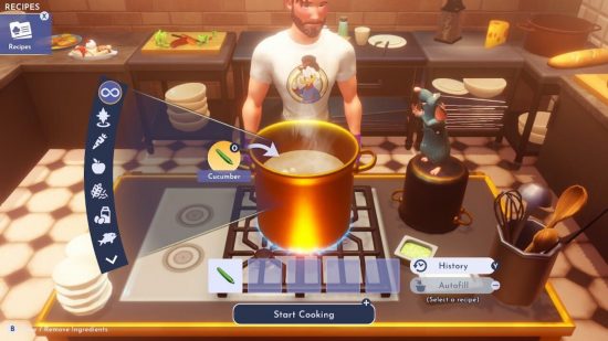 Remy and the player in a kitchen making Disney Dreamlight Valley crudites
