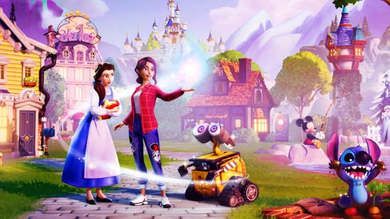 Disney Dreamlight Valley early access key art depicting Belle, Stitch and Mickey with the player character