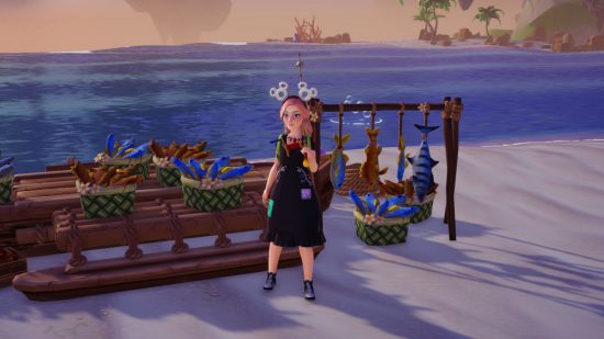 Disney Dreamlight Valley fish - a player with her rod over her shoulder, stood by a boat full of fish