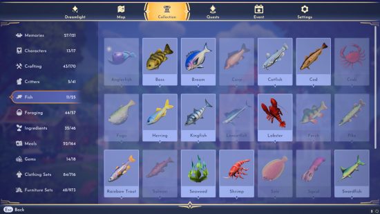 Disney Dreamlight Valley fish collection page, showing a variety of different fish