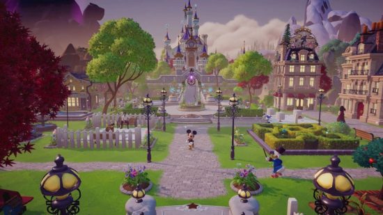 Mickeey Mouse walking through a beautiful town thinking about the Disney Dreamlight Valley one million players