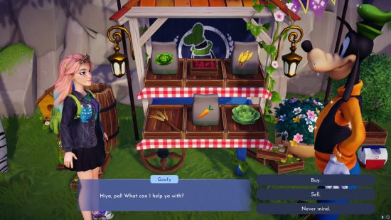 Disney Dreamlight Valley seeds - a player visiting Goofy's stall in the Peaceful Meadow