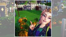 Disney Dreamlight Valley seeds - a player pointing at her pumpkin crops