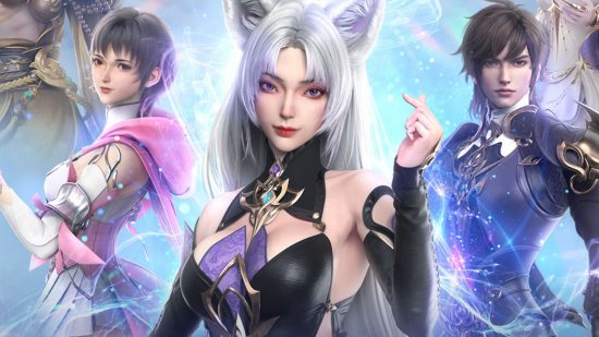 Three elegant characters from Divine W. On the left, a short haired woman in pink, on the right, a short haired person in black, and in the middle, a cat-eared woman with long silver hair and a more leathery, less ornate black armour on.