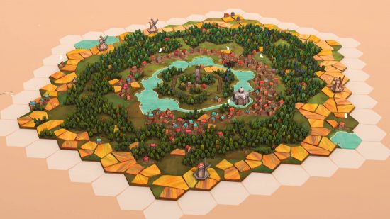 Dorfromantik giveaway: a screenshot shows a tranquil grid-based environment with tiles representing buildings and trees