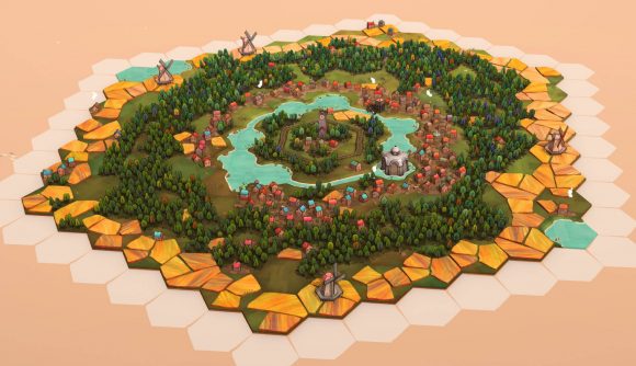 Dorfromantik giveaway: a screenshot shows a tranquil grid-based environment with tiles representing buildings and trees