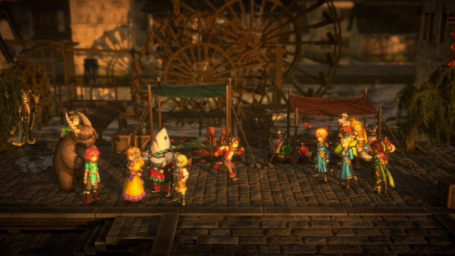 Hero image for Eiyuden Chronicles with a screenshot in a market area with multiple characters on screen