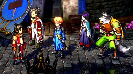 Eiyuden Chronicle Hundred Heroes screenshot with a collection of characters dressed in formal attire looking to the left
