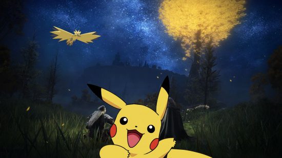 A picture of an Elden Ring landscape with a tall tree with glowing yellow leaves in the distance on the right. Superimposed in the middle is the Pokemon Pikachu, in the sky is Zapdos.