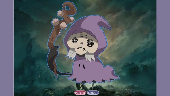 Art of the Pokemon Mimikyu dressed as an old finger crone from Elden Ring -- basically a very old lady with sunken eyes.