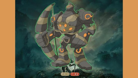 A golem archer from Elden ring crossed with a Pokemon - basically a giant brown man of stone with orange highlights and a large bow.