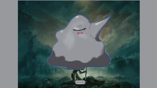 A large silver blob, an Elden Ring Pokemon version of Ditto.