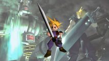 FFVII Cloud with his sword drawn in front of promotion Final Fanatsy VII art