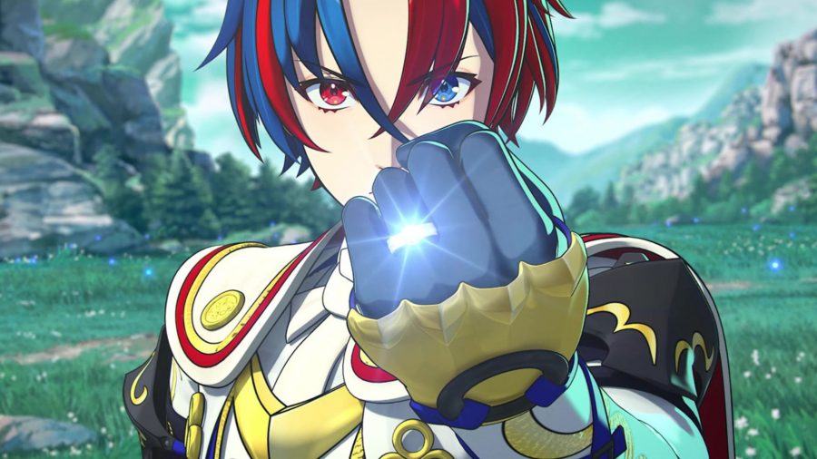 The main character from Fire Emblem Engage, fist raised in front of their face with a shining ring on it. They have blue and red hair.