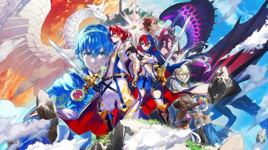 Fire Emblem Engage release date art sowing various cartoon characters in a collage of varying sizes,. Everything is colourful, with bright blues, reds, purples, and a general vibrant nature.