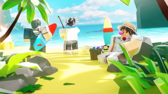 Various Roblox characters (like chunky Lego people) sitting by a beach at the end of a tropical jungle, fishing in the ocean, in art for Fishing Simulator.