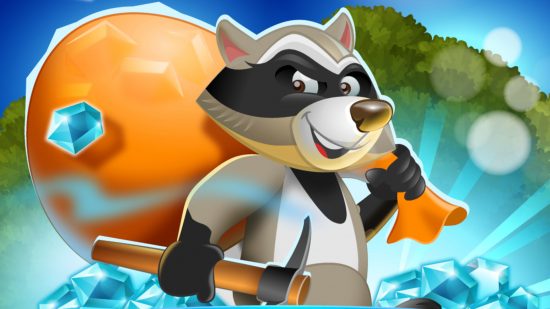 Games like Coin Master - the Coin Boom racoon carrying a sack of diamonds