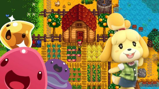 Games like Stardew Valley - Animal Crossing's Isabelle and multiple slimes from Slime Rancher visiting Stardew Valley