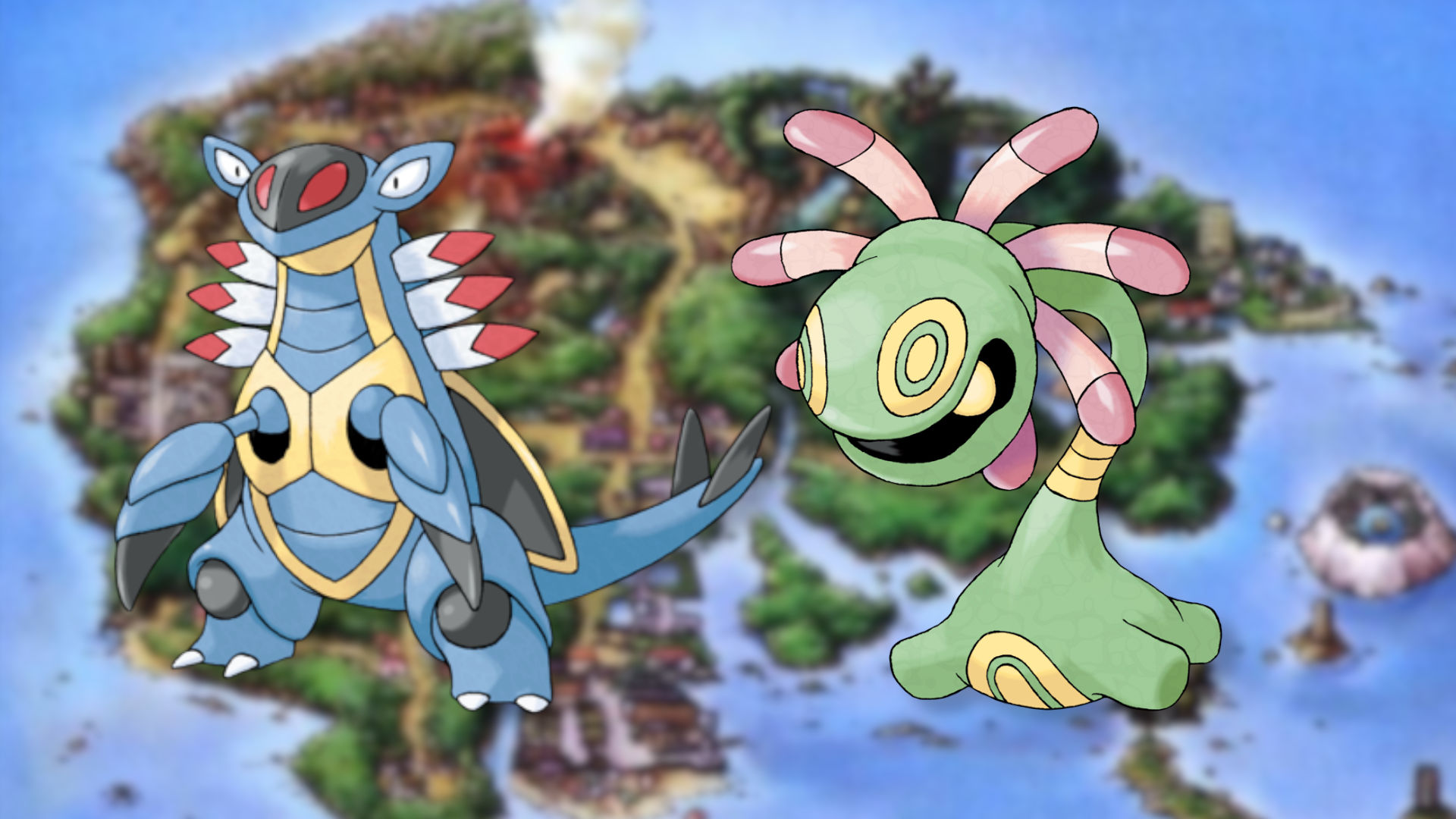 Cradily and Armaldo a gen 3 Pokémon, on a Hoenn background