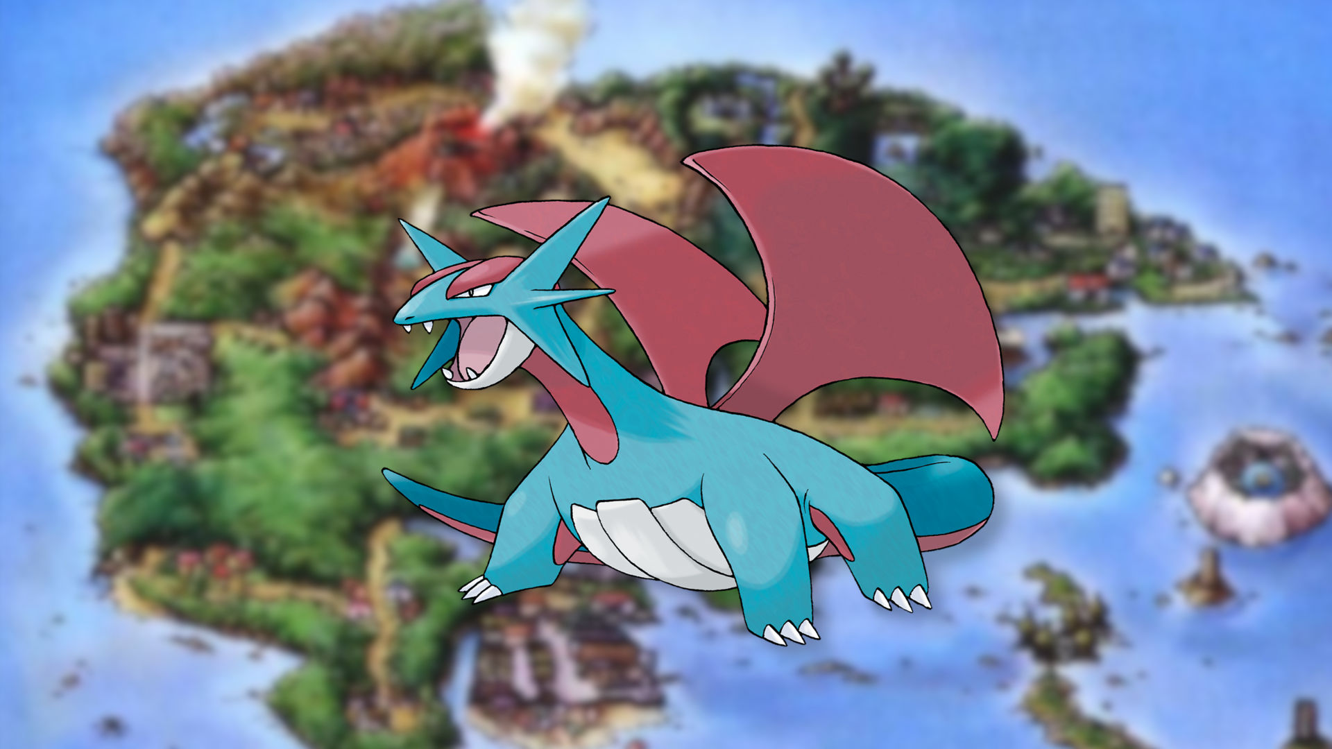 Salamence a gen 3 Pokémon, on a Hoenn background