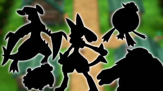 Generation 4 Pokemon: Key art shows the Pokemon Lucario, Bidoof, and others, but all covered by a black overlay