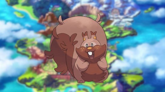 Greedent-Bild auf einem Galar-Hintergrund für den besten Pokémon-Guide der 8. Generation