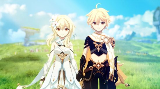 A screenshot from the Genshin Impact anime trailer, showing Lumine and Aether holding hands on a grassy plain. On the right is Aether, a blonde boy with black clothes and a white scarf. On the left is Lumine, a long blonde-haired girl with white robes and flowers in her hair.