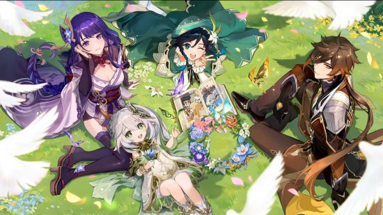 Genshin Impact anniversary - the archons sitting in a field beneath a flock of white birds, looking through a book of the Traveler's adventures as they craft a flower crown