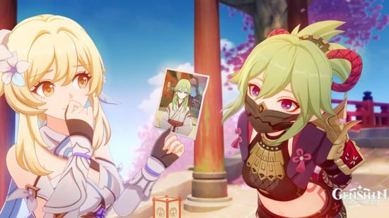 Genshin Impact Kuki Shinobu leaning in as the Traveler looks at a picture of her when she was younger