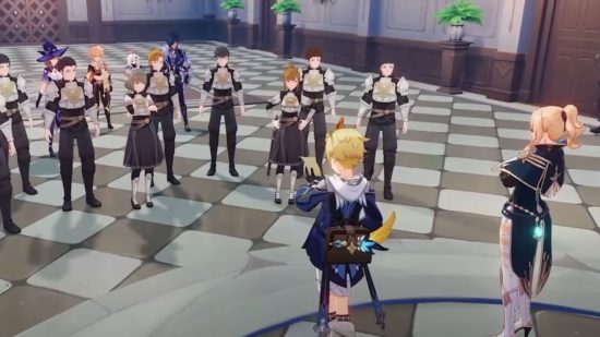 Genshin Mika stood next to Jean and addressing a group of the Knights of Favonius