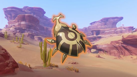 A Genshin Impact scarab in front of a desert backdrop