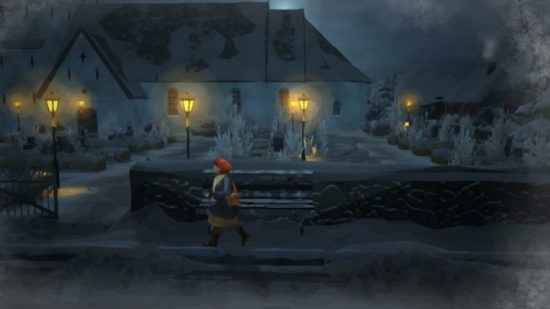 Gerda a Flame in Winter review - a girl in a red hood runs down a lantern lit street in the dead of night