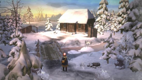 Gerda a Flame in Winter review - a girl in a red hood walks through the snow towards an old wooden house