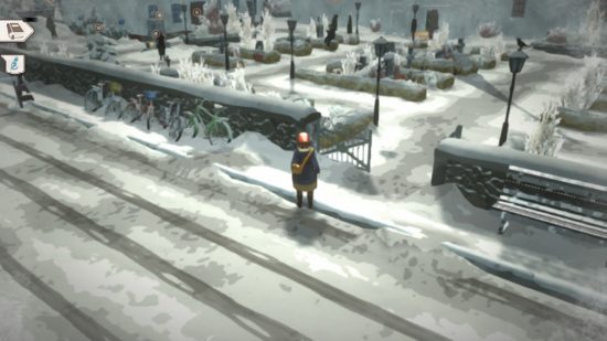 Gerda a Flame in Winter review - a girl with a red hood standing in the snow next to a maze of bushes