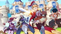 Guardian Tales Switch key art that features heroes charging away from a castle with weapons at the ready