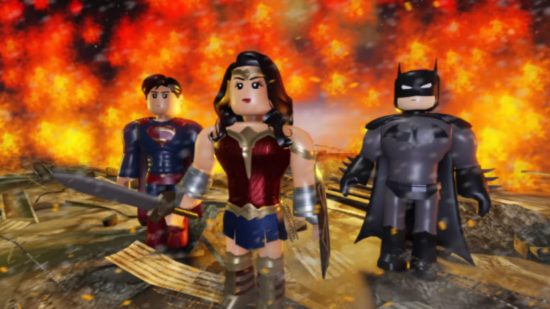 Heroes Online World codes - Wonder Woman, Batman, and Superman in their Roblox forms