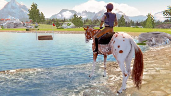 Screenshot from Rival Stars Horse Racing for horse games list with a horse looking over a lake