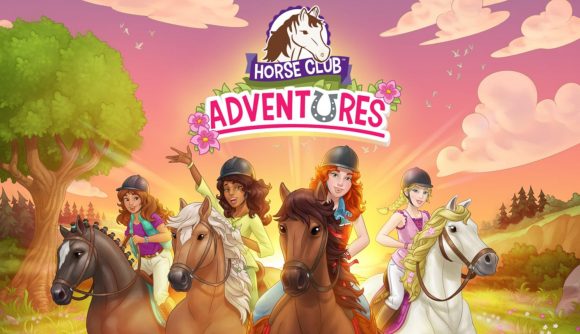 Cover art for Horse Club Adventures with the four starring ladies on horseback headed away from the sun