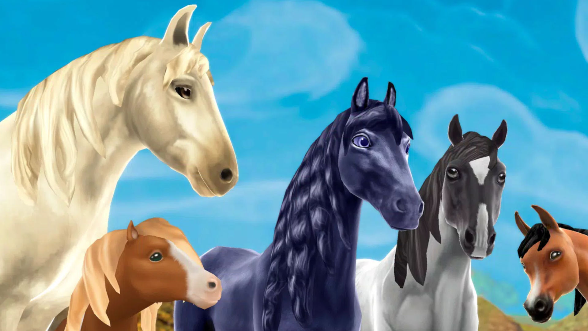 Promo art for Horse Riding Tales: Wild Pony with a collection of horses of different colours on screen
