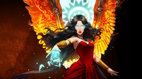 Idle Champions codes - Nahara reaching her hand out, with large fiery wings stretched behind her
