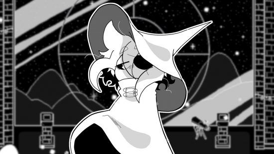 In Stars and Time release date: Siffrin, a character wearing a pointed witch hat and a cloak, pasted on a blurred screenshot of an observatory room, also in black and white