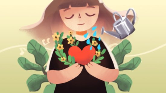 Kinder World interview - key art that depicts a woman holding a heart with plants as watering can hovers above