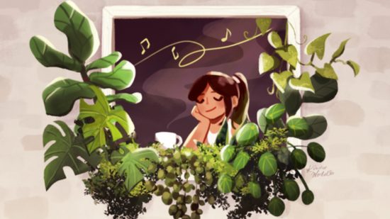 Kinder World interview - key art that depicts a smiling woman leaning on a windowsill with a coffee surrounded by plants