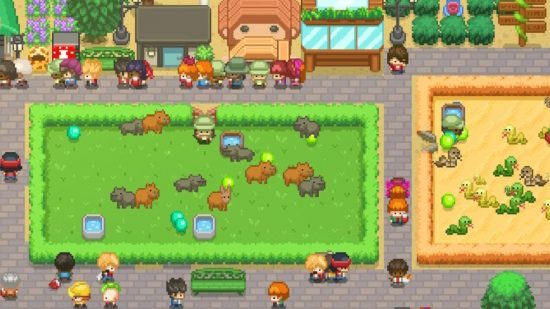 Let's Build a Zoo screenshot for review with capybara and snake enclosures overhead