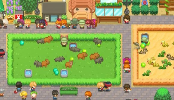 Let's Build a Zoo screenshot for review with capybara and snake enclosures overhead